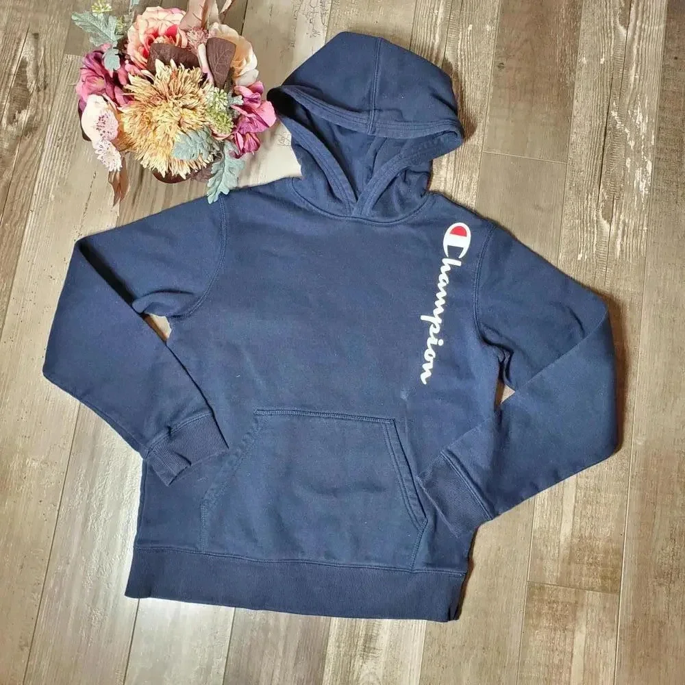 Champion Boys' Youth Long Sleeve Hooded Pullover Sweatshirt Navy Blue XL EUC